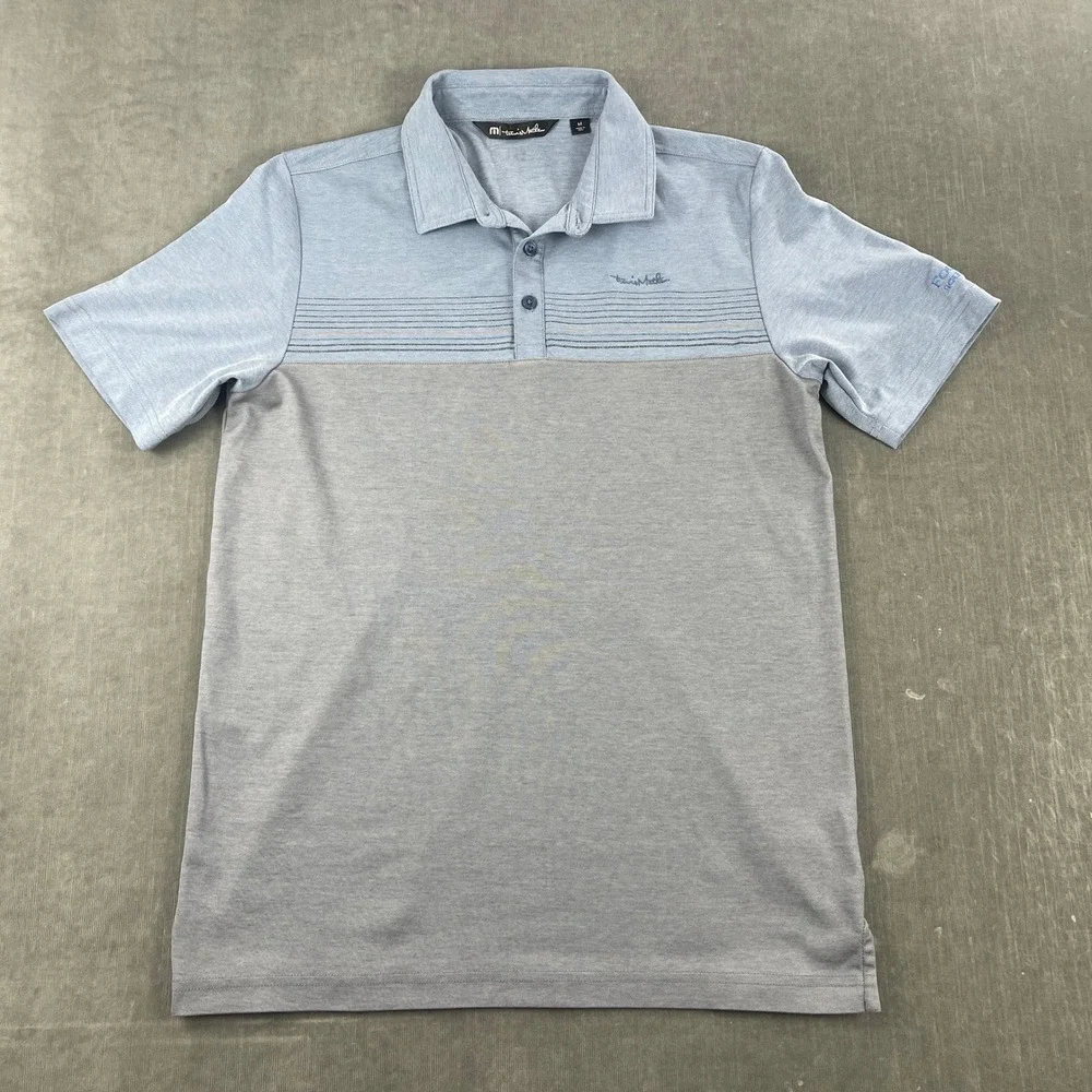 TravisMathew Mens M Blue Grey Polo Shirt Four Seasons Golf Striped Logo
